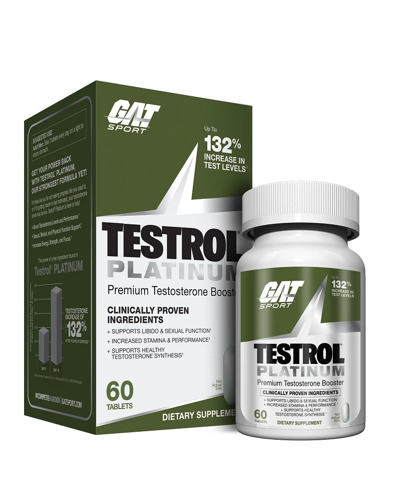 Testrol Platinum GAT Sport 60 tabletas potenciador natural de testosterona con ingredientes clínicos para fuerza, energía y recuperación
