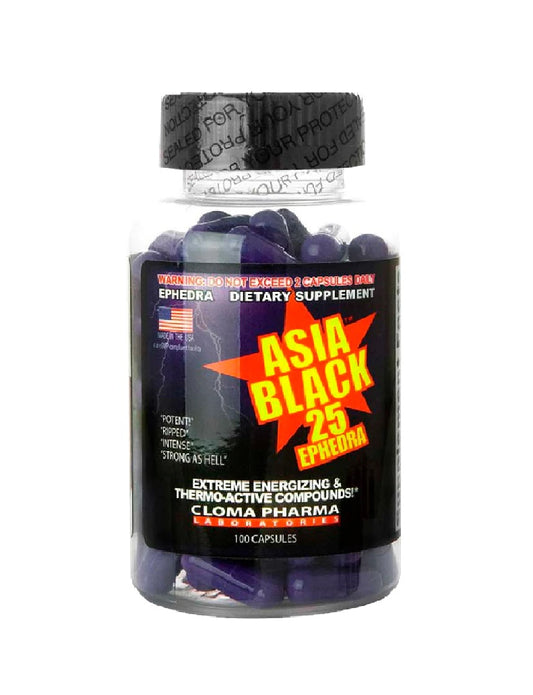 Asia Black 25 Cloma Pharma 100 cápsulas termogénico con efedra para quema de grasa y energía

