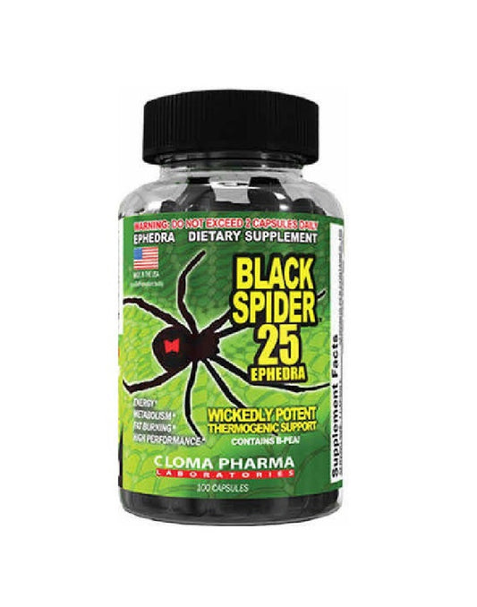 Black Spider 25 Cloma Pharma 100 cápsulas con efedra para quema de grasa, energía y enfoque