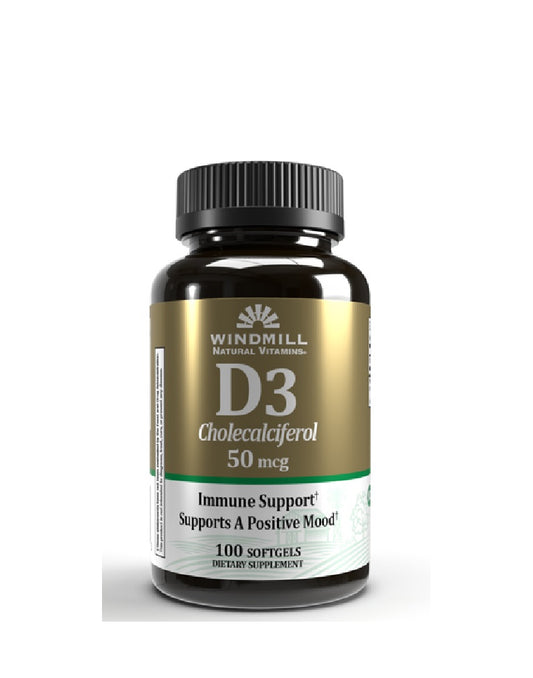D3 Cholecalciferol 50 mcg Windmill 100 cápsulas vitamina D3 para huesos, inmunidad y bienestar