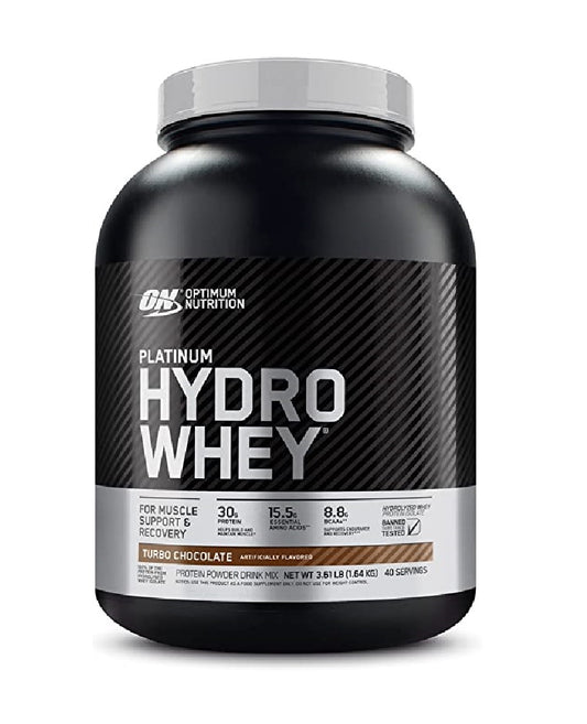 Envase de 3.5 libras de Platinum HydroWhey de Optimum Nutrition, suplemento de proteína de suero hidrolizada en polvo.